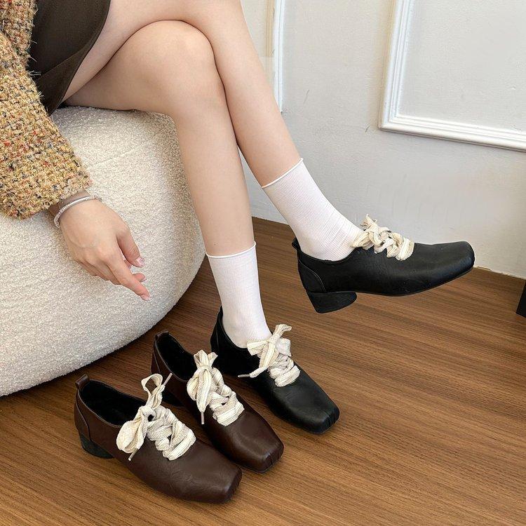 Cowhide Version! Retro Literary Square Head Small Leather Shoes Design Sense Thick Heel Front Lace-up Outer Wear Temperament Thick Sole Single Sho