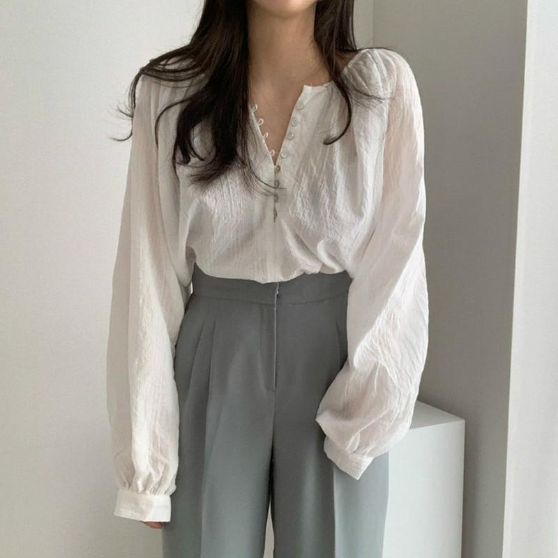 Chic Long-sleeved Thin Air-conditioned Shirt Simple Temperament Ladies Solid Color Loose Shirt
