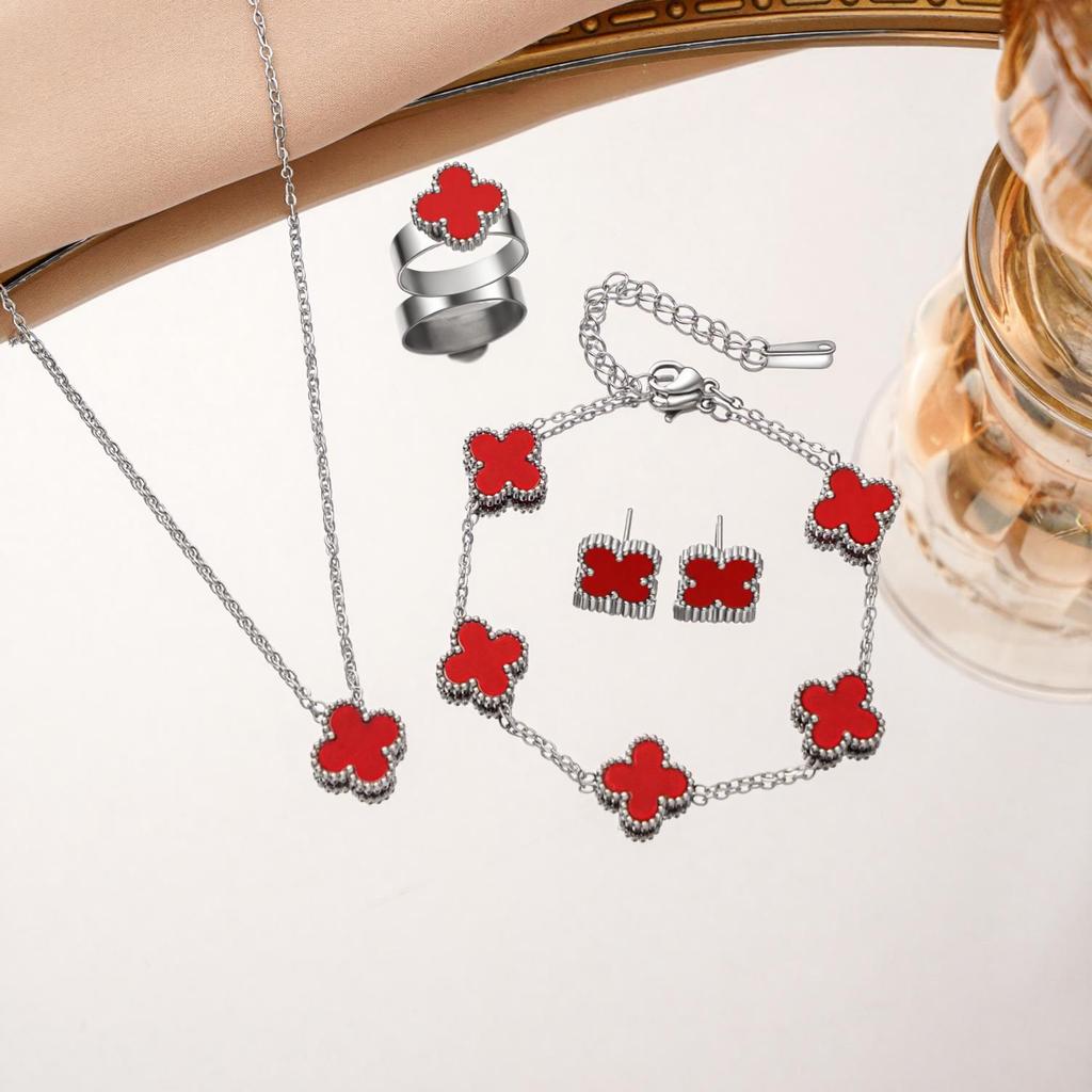 Set da 4 pezzi in Acciaio di Titanio Inossidabile Double Face Quadrifoglio Collana Bracciale Anello Orecchini Set da Quattro Pezzi