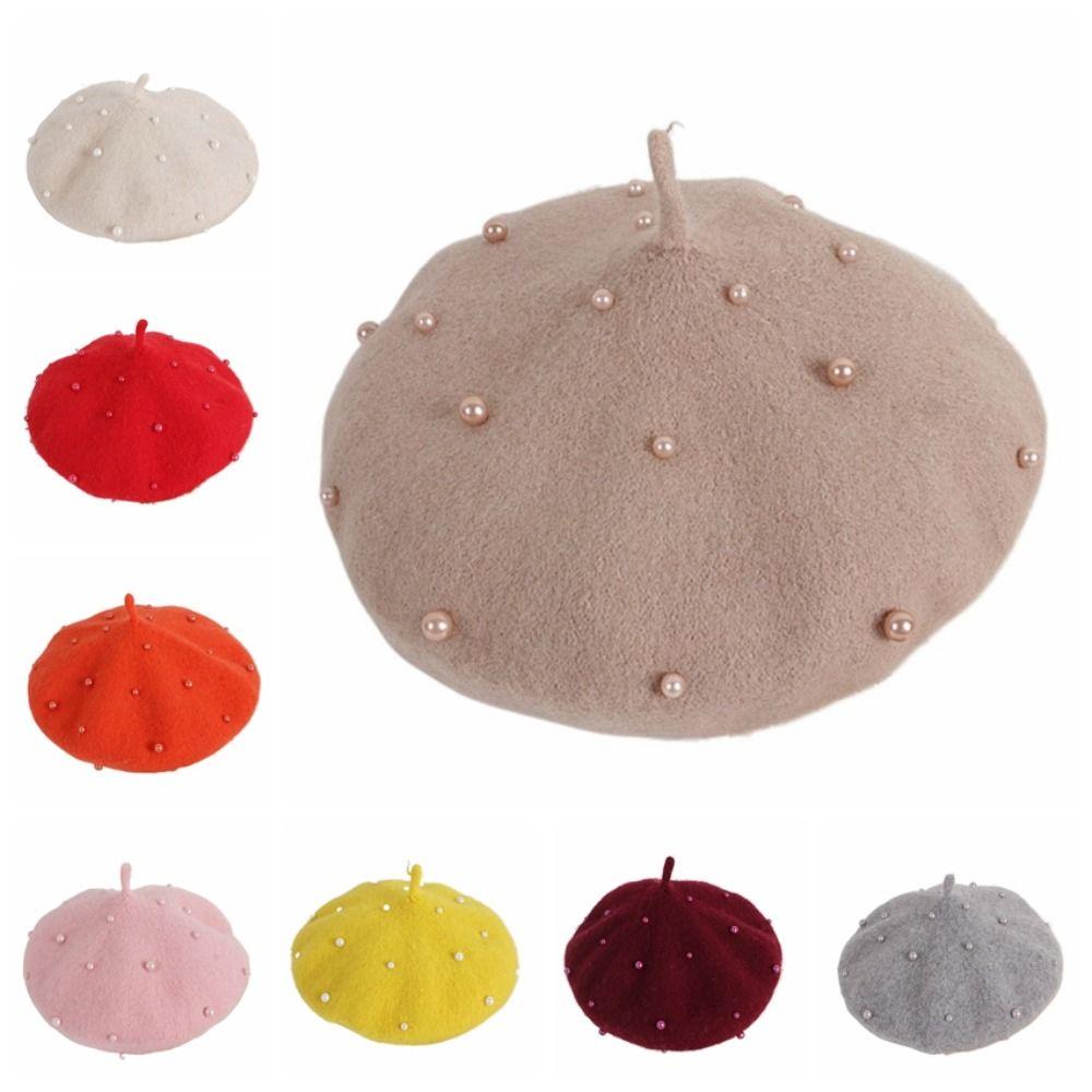Solid Color Children's Beret Pearl Painter Hat Fashion Baby Wool Hat Kid