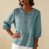 Women Fashion Solid Color Round Neck Half Sleeve Chinese Style Cotton Linen Shirt Floral Embroidery Button Blouse Casual Top