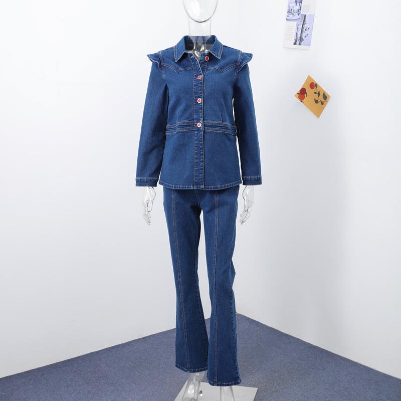 Ensembles décontractés en denim pour femmes, vestes slim à revers et manches bouffantes, pantalons droits taille haute, mode printemps 2025, ensemble 2 pièces pour femme