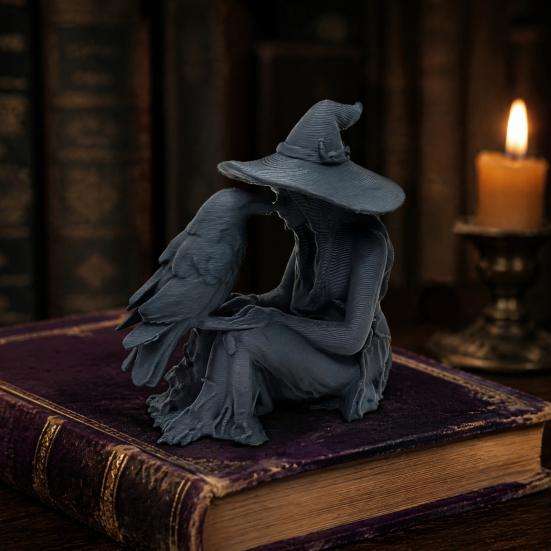 Vintage Style Witch Statue 3D Printed Statue, Gothic And Raven Sculpture, Indoor Outdoor Halloween Mystical Figurine for Home Desktop Shelf