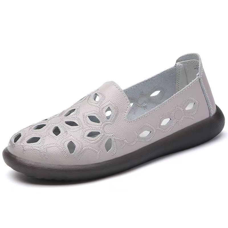 Woman's Summer Leather Hollow Out Embroidered Shoes Round Toe Shallow Slip On Flat Sole Cave Sandals Lightweight Work Shoes