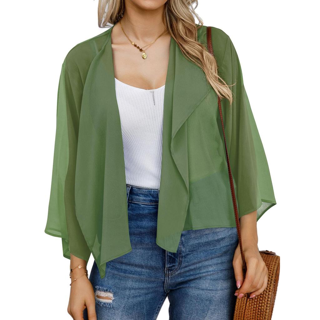 Damen Locker Ausgestellte Ärmel Einfarbig Chiffon Kurzer Cardigan Sonnenschutz-Oberteil
