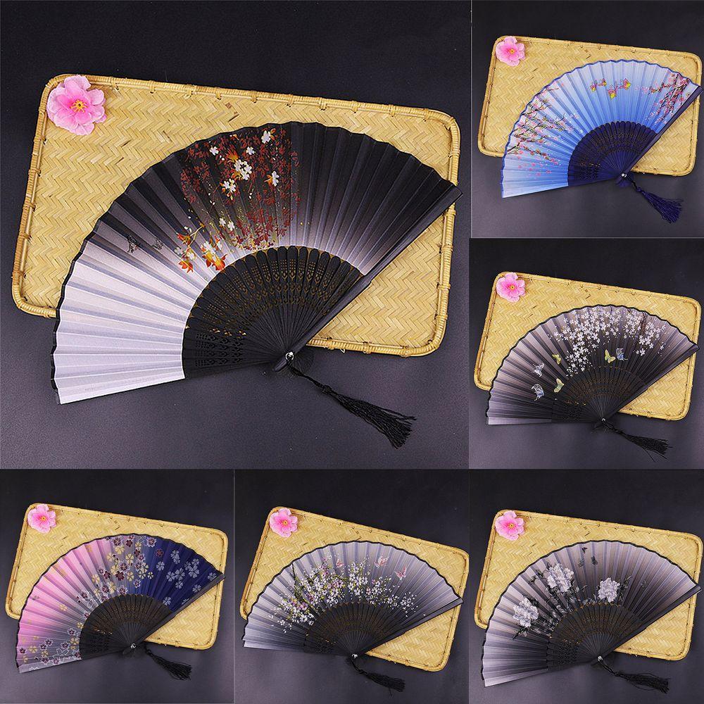 

Home Decor Hand Held Flower Classical Chinese Style Folding Fan Retro Bamboo Handle