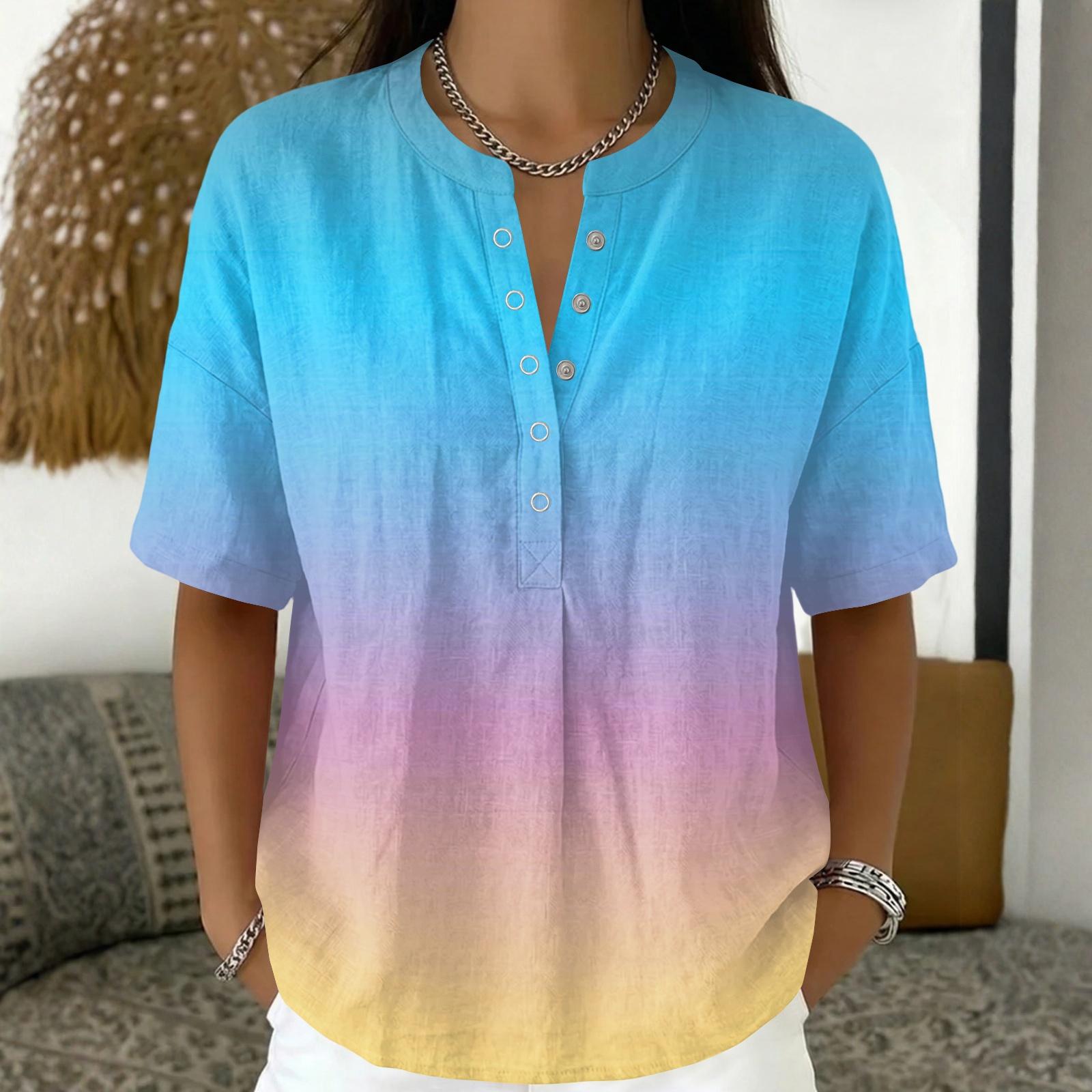 Women s Fashion Print V-Neck Short Sleeve Pullover Blouse M