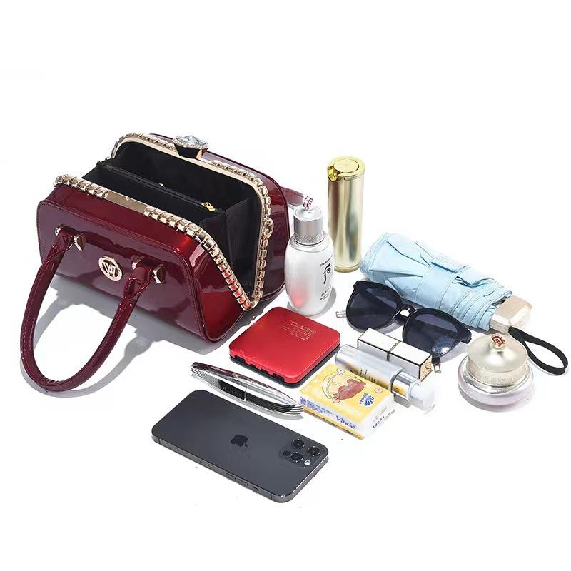 New bag bright leather with diamonds simple atmosphere women's bag multi-functional dinner handbag red small bag texture bags