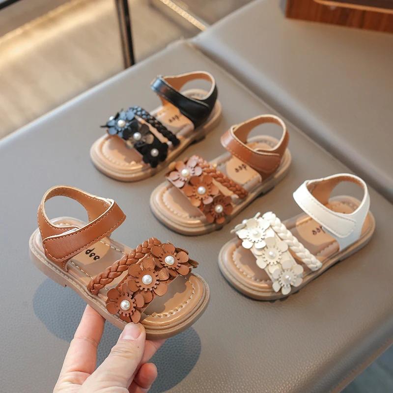 Girls Weave Sandals with Flowers 2025 Brand New Fashion Kids Floral Summer Beach Shoes Open Toes Anti-skid Soft Princess Sweet