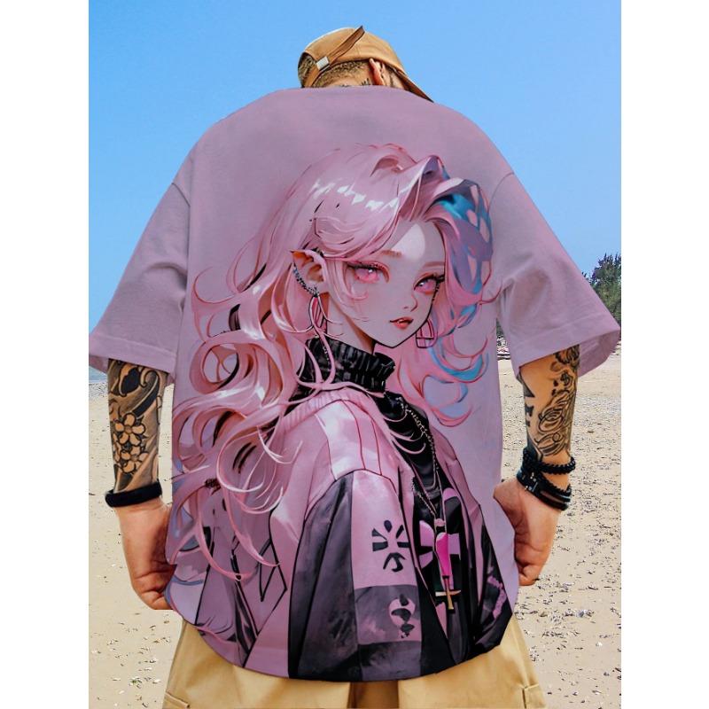 Nova camiseta casual masculina com estampa de beleza bidimensional impressa em 3D, manga curta, moda de rua, estampa de anime, top de gola redonda