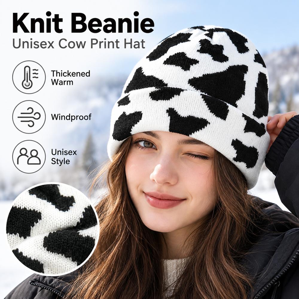 Cow Print Knitted Hat Windproof Warm Hat New Street Cap Unisex