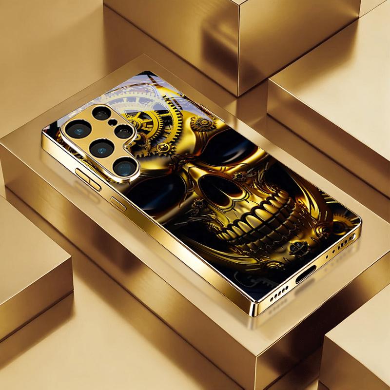 Clock Gear Skull Electroplated Golden Phone Case For Samsung Galaxy S25 S24 S26 S23 S22 S21 S20 Ultra Plus FE S26+ Glass Cover