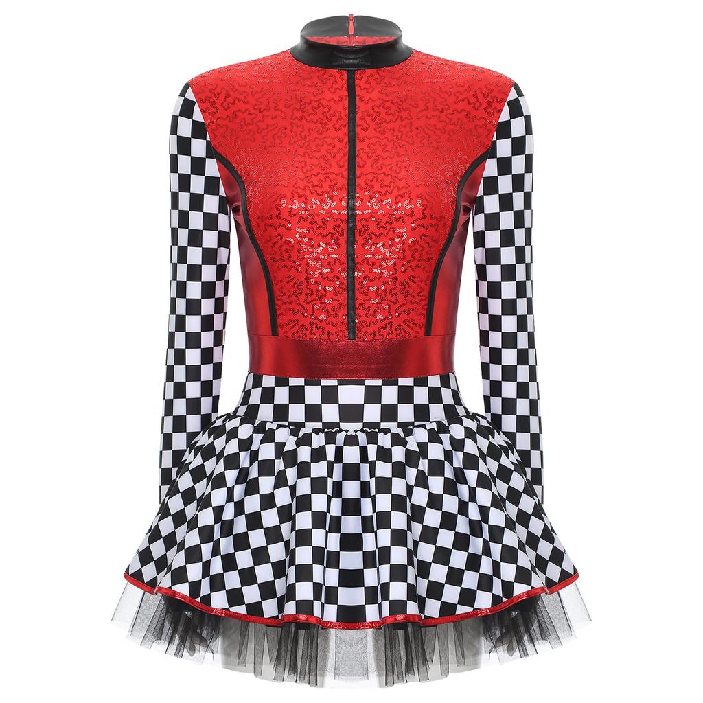 Damen Rennfahrerin Kostüm Schachbrettmuster Langarm Pailletten A-Linie Tüllrock Shorts Fahrerkleid