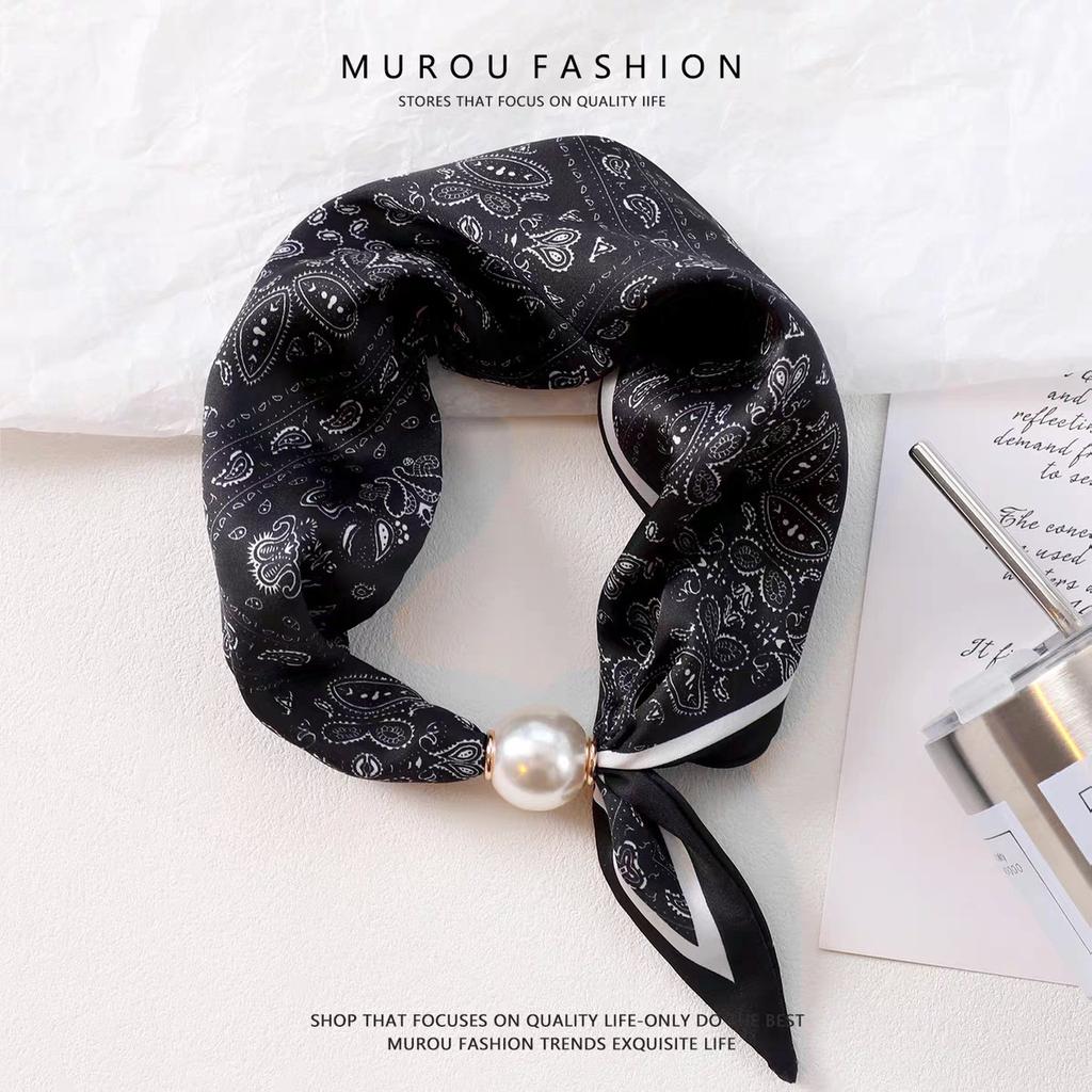 New Spring and Summer Thin Pearl Necklace Magnetic Buckle Lazy Silk Scarf Women's Pendant Scarf Collarbone Chain Silk Scarf