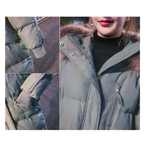 Winter Women Cotton Jacket with Furry Hood Long Sleeves Pockets Heat Retention Knee Length Zip-up Padded Coat Solid Color Windproof Outwear Parka