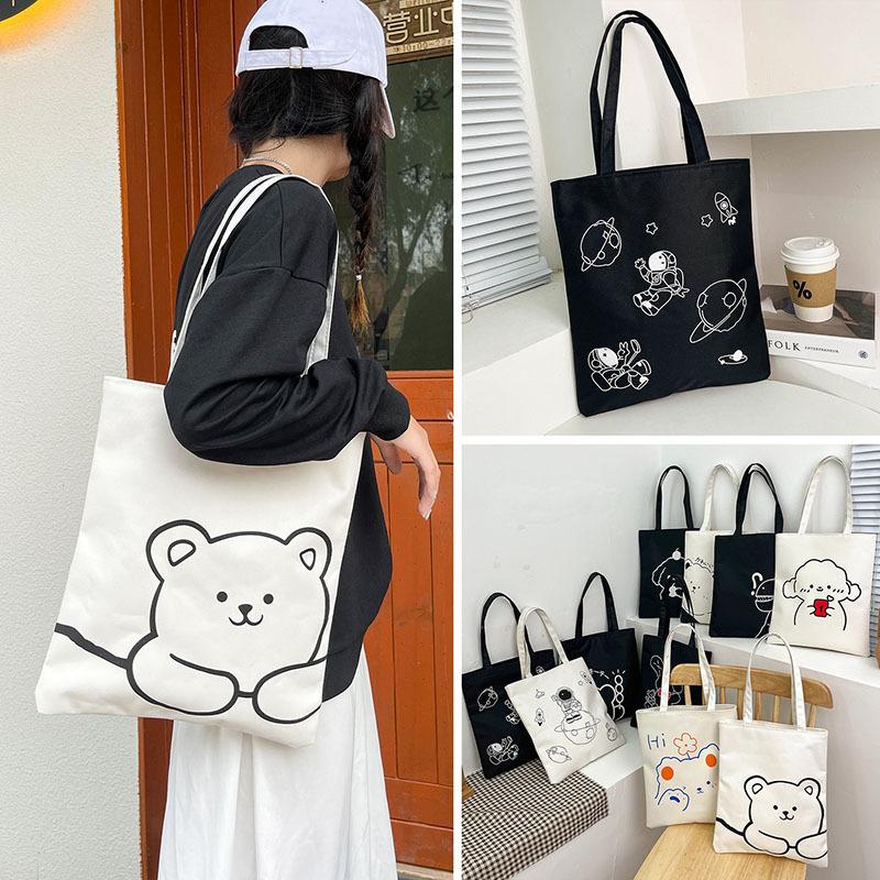 

Cartoon Pattern Handbag Foldable Reusable Cloth Shoulder Bag Student Canvas Tote Bag Large Capacity Shopping Bag All-match