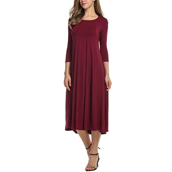 Lässiges Damen Midikleid in Unifarben mit O-Ausschnitt, 3/4-Ärmeln, tailliert und mit weitem Rock