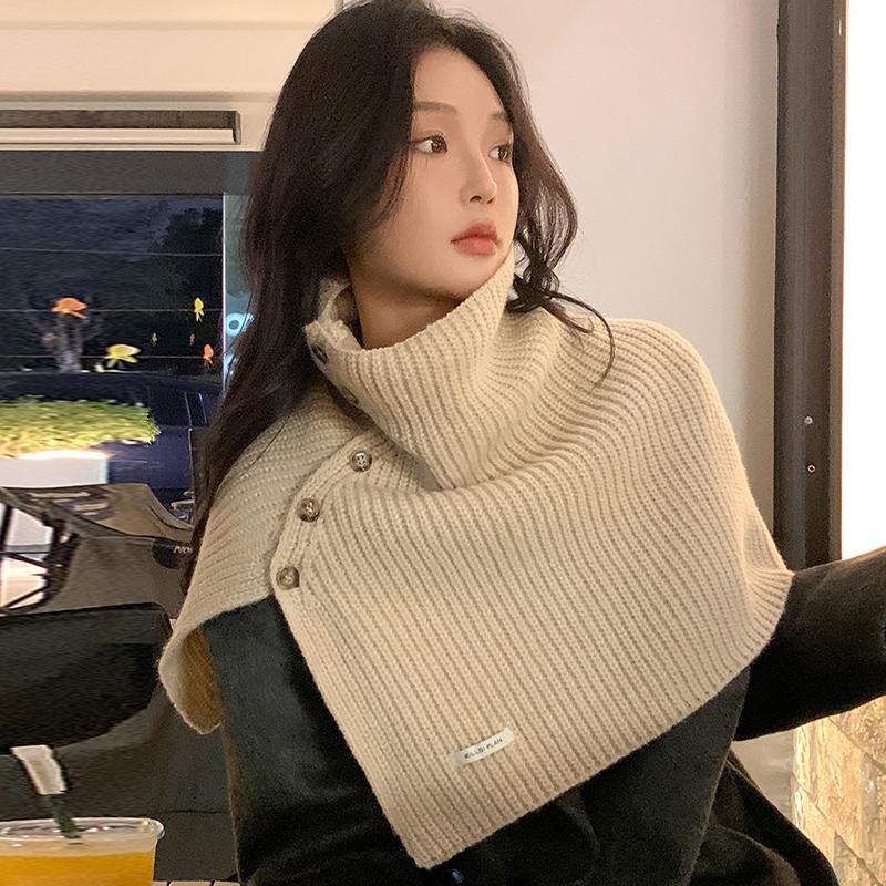 Button Scarf Women Autumn Winter Korean Style All-Match Warm Neck Cover Outer Wear Split Knitted Scarf