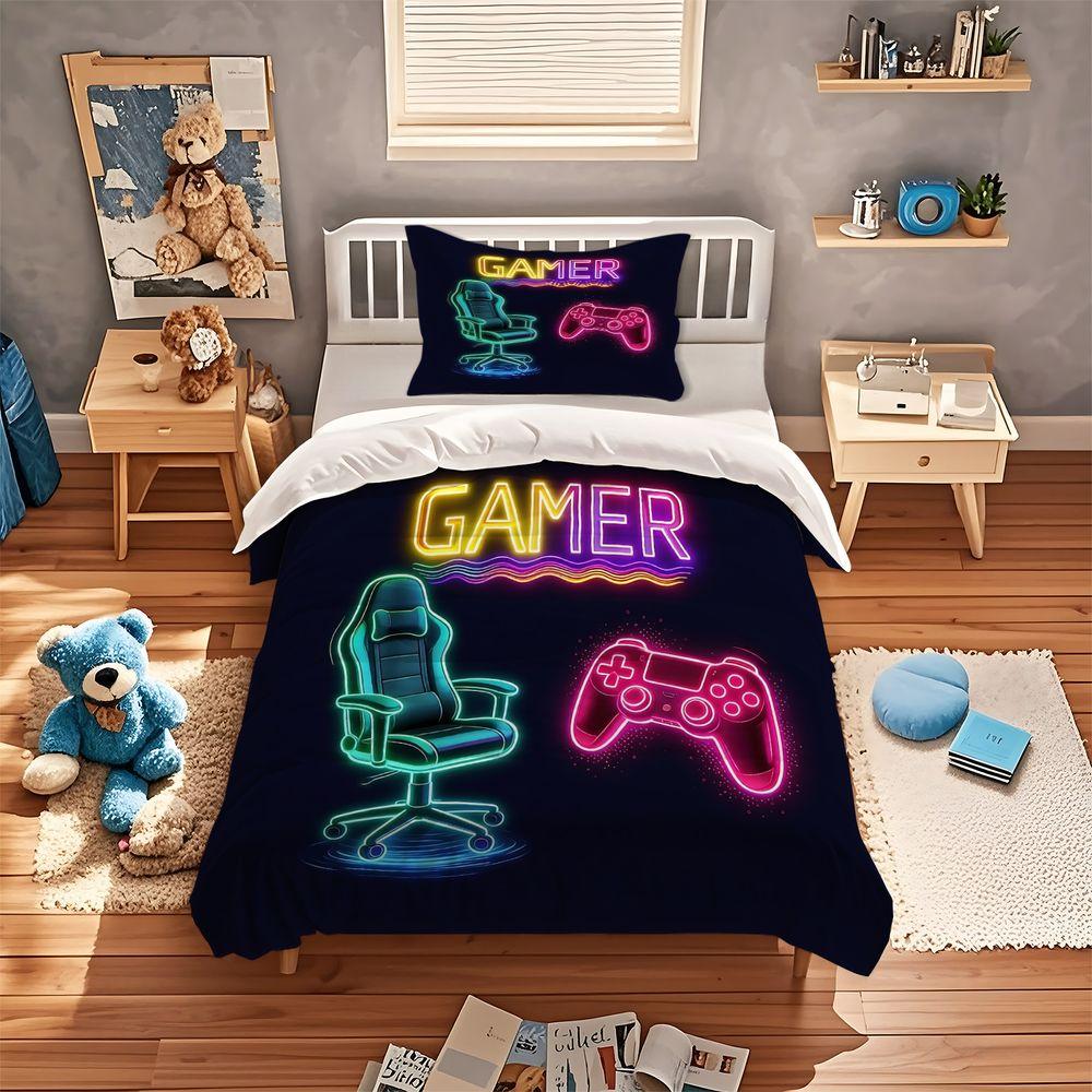 Gamer Neon Sign Duvet Cover Set Gaming Controller Print Bedding Set Digital Printed Comforter Cover for Teens Bedroom