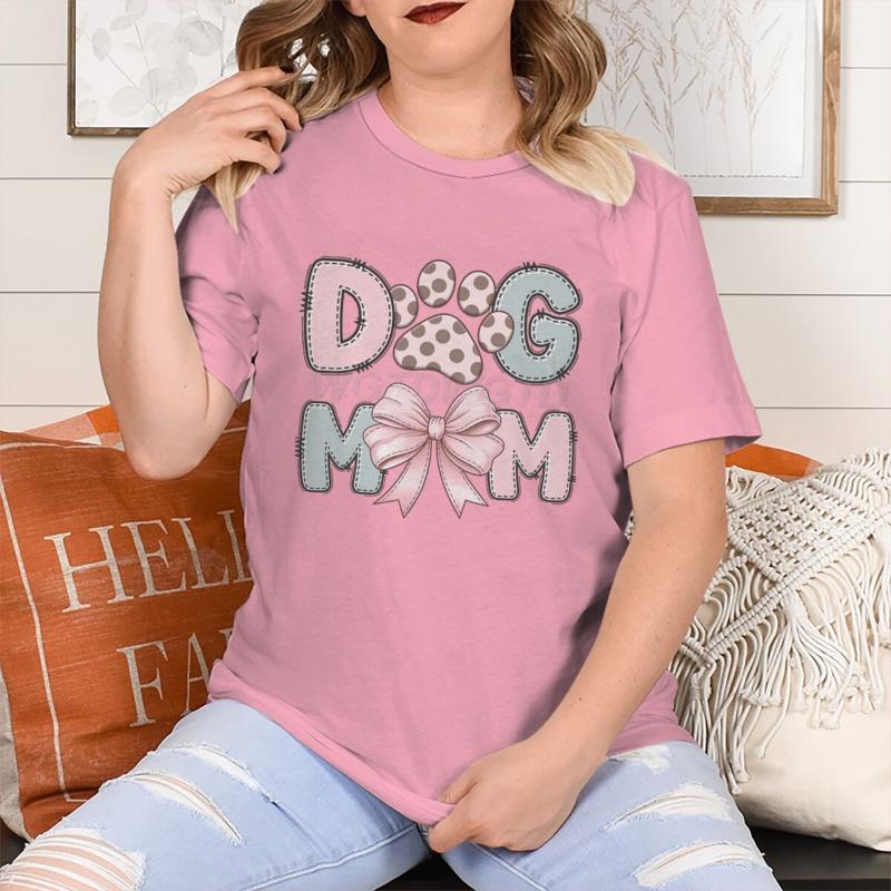 Dog Mom Graphic Crew Neck T-Shirt For Women CasualTee With Short Sleeves Pink Bow Paw Print Design Perfect For Mother's Day