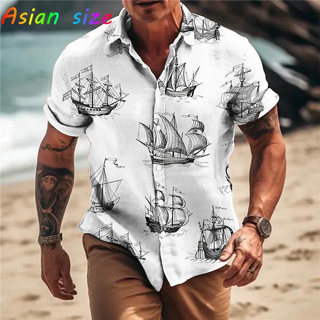 2026 Klasyczna Vintage Męska Koszula Hawajska Koszule z Łodzią Żaglową 3D Dla Mężczyzn Nadruk Kompasu Koszule Plażowe Hawaii Krótki Rękaw Bluzki 6XL