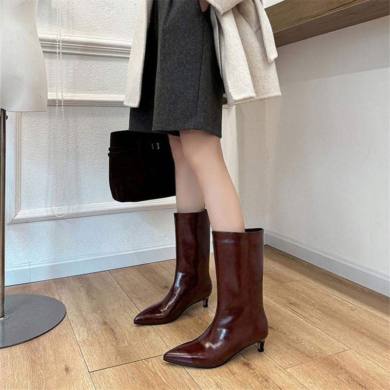 Fashion New Autumn Winter Split Leather Women Boot Shoes for Women Pointed Toe Mid-calf Boots Fashion Boots Handmade Zapatos De Mujer