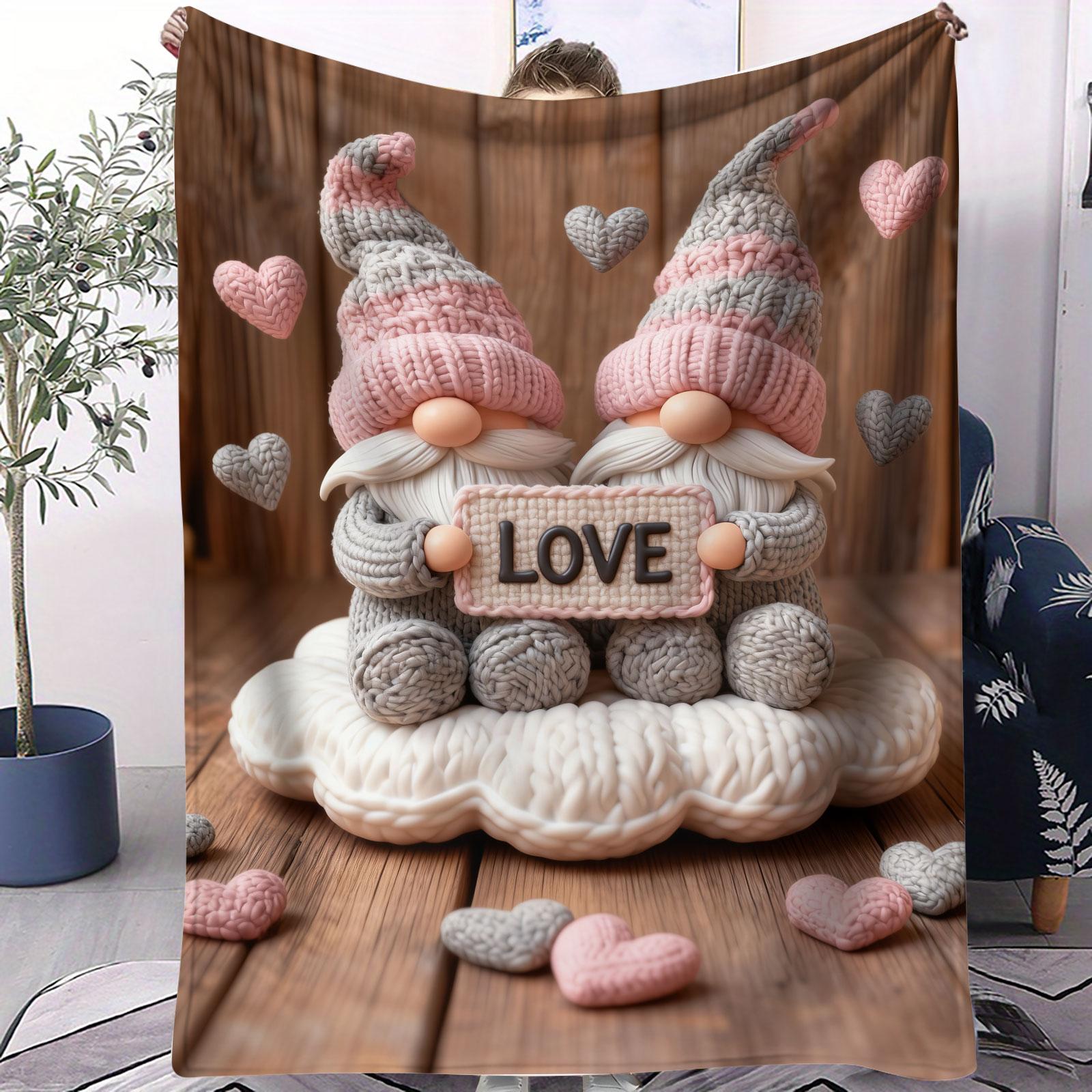 

Cute Gnome Couple Flannel Blanket Heart Pattern Warm Throw Lightweight Cozy Cover for Living Room Christmas Valentine s Day Gift 70x100cm(28x40inch)
