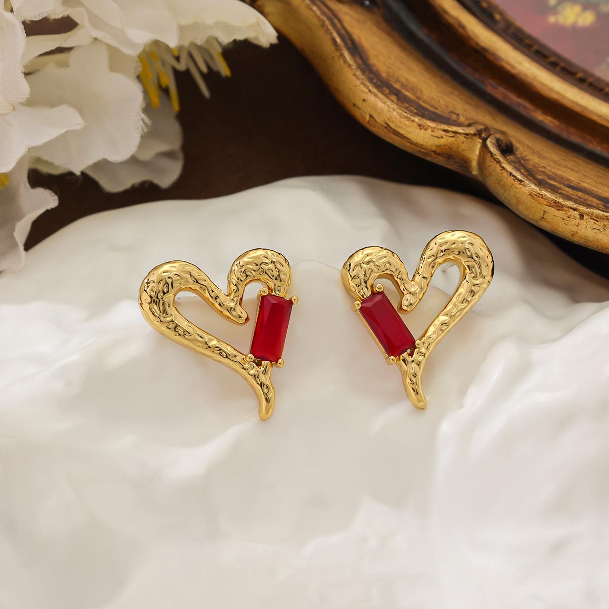 New Cross-border Ins Style Liquid Metal Lava Heart-shaped Ruby 925 Silver Needle Earrings From Europe America