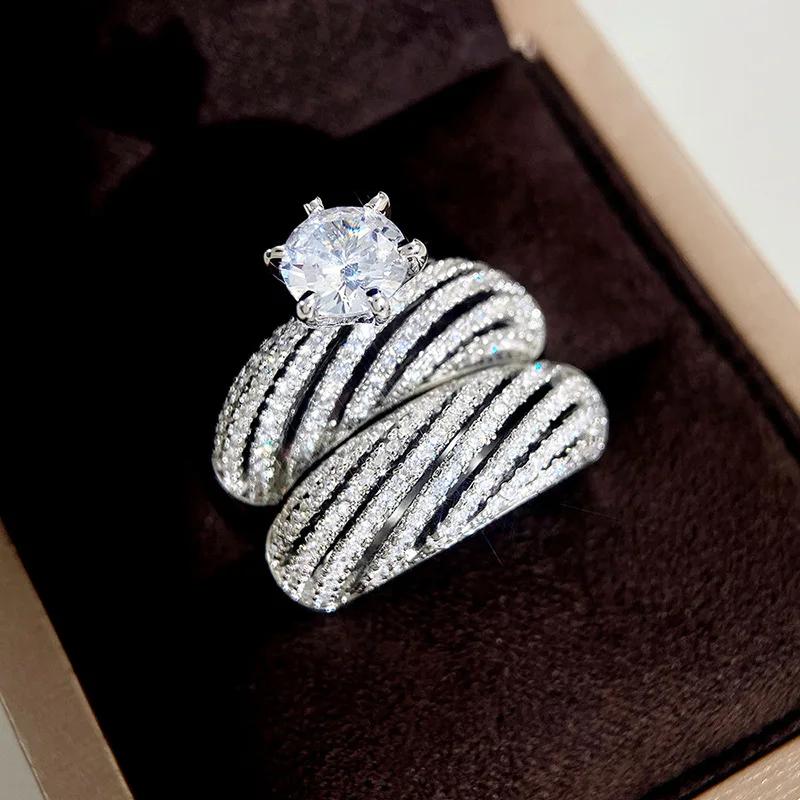 European and American 2-piece Luxury Wedding New Style Trendy Geometric High-end Design Ring Personalized Elegant Zircon