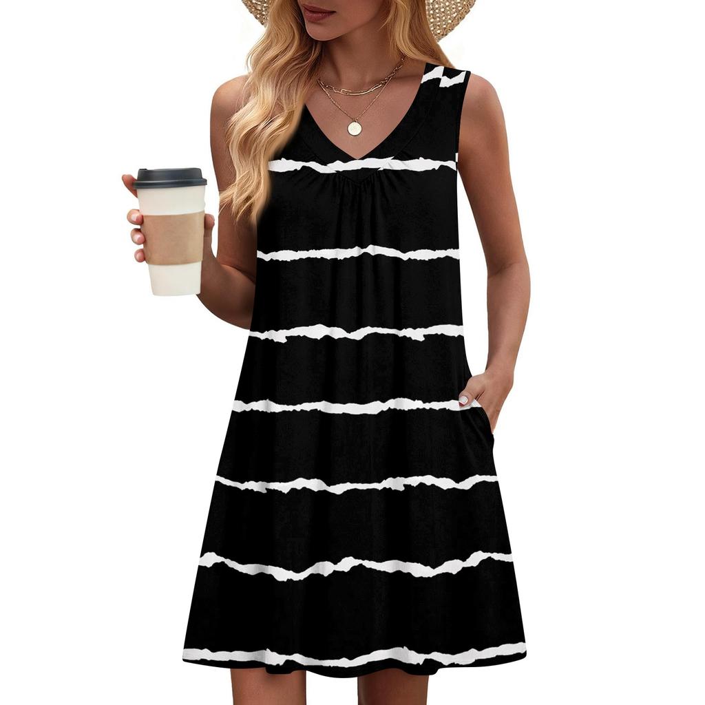 Dámské módní letní tílko bez rukávů s V-výstřihem, s kapsou, ležérní volné šaty