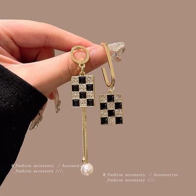 Europian & American Asymmetrical Black Checkerboard Earrings: S925 Silver Needle, Super Flash Diamond & Pearl.