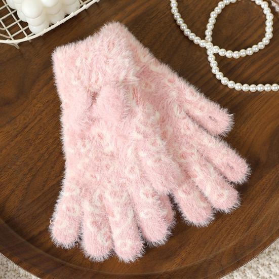 1 Pair Knitted Gloves Leopard Print Plush Warm Winter Gloves with Tie-Dye Color Bow Decoration Touchscreen Gloves