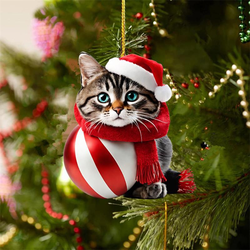 1 buc. Pandantiv pentru brad de Crăciun cu pisică de desene animate - Ornament suspendat - Decor 2D plat acrilic pentru oglinda retrovizoare pentru mașină