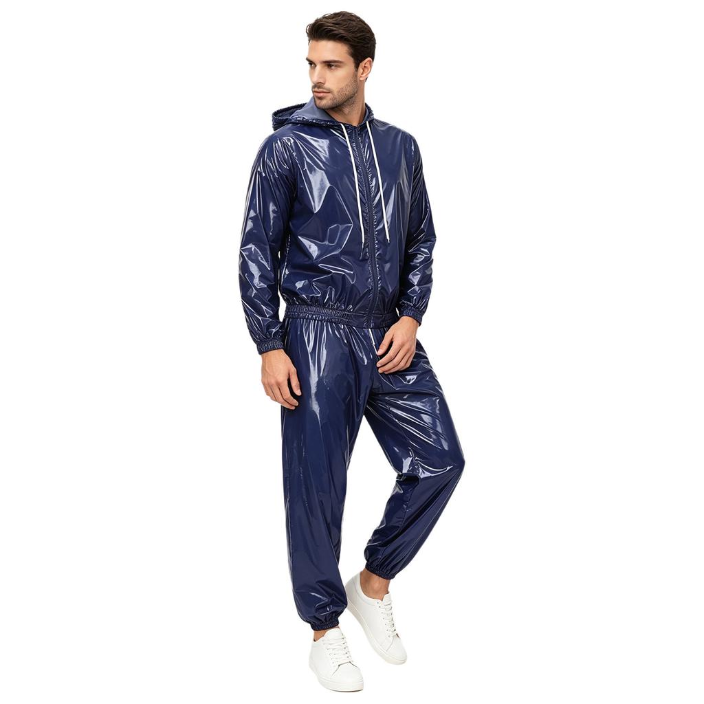 Men’s Outdoor Waterproof Suit Hooded Windbreaker Jacket Front Zipper and Sweatpants for Trail Fishing Workout Exercise