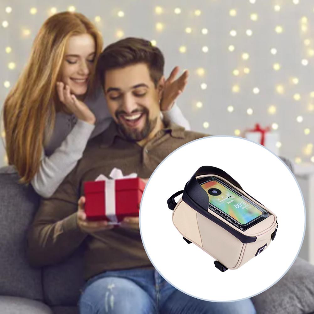 Bike Front Frame Bag Bike Phone Holder Bag Waterproof Bicycle Top Tube Bag Touch-Screen PU Bike Tube Bag Cycling Accessories