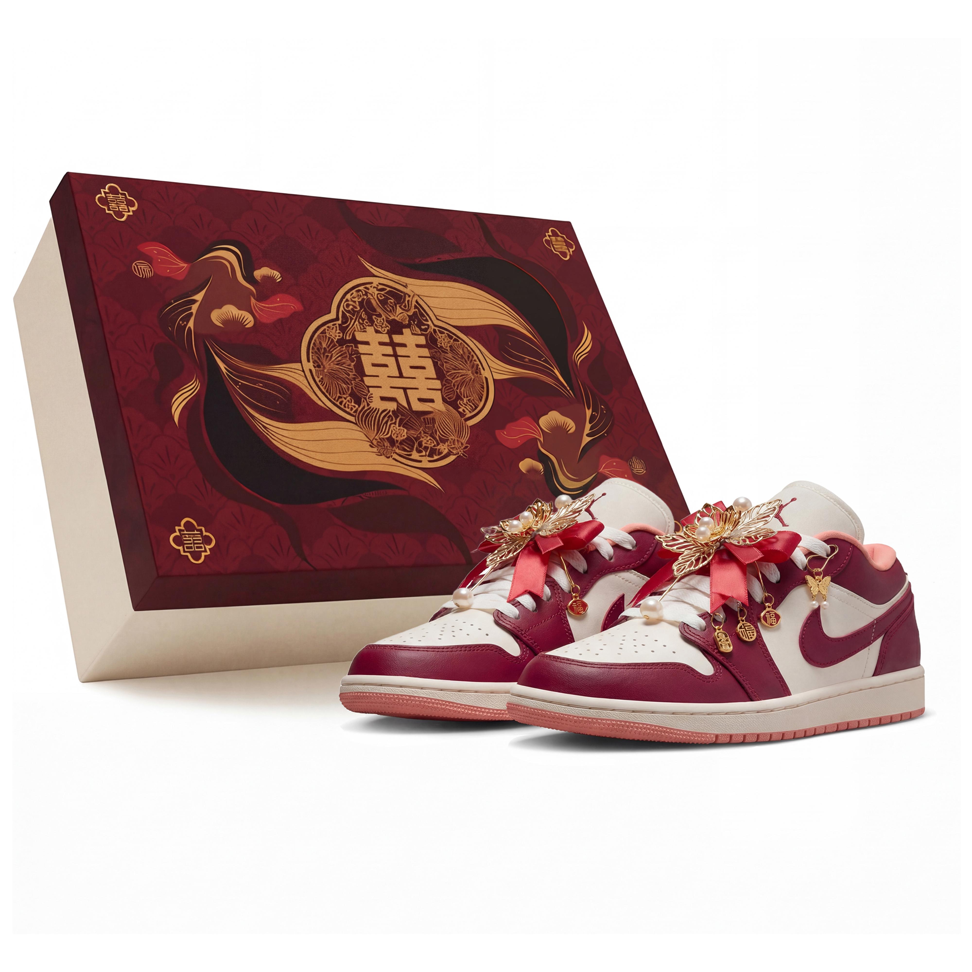 

Jordan Air Jordan 1 Horse Year CNY Wedding Shoes, Three Times Lab, United Hearts, Red Beauty, Box Abrasion Resistant DC0774-101(Team-S-BOX) 40