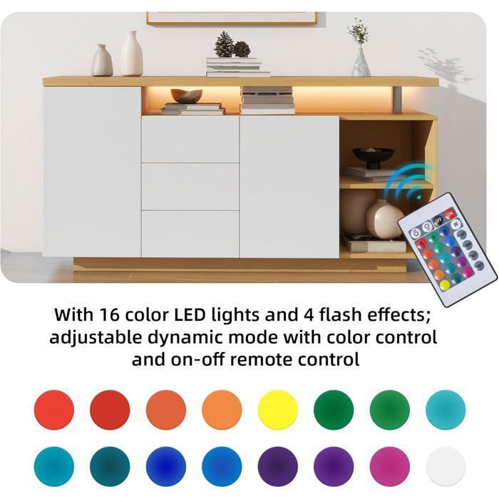 Low Sideboard - LEMONBEST - Multifunctional Living Room Sideboard - White+Oak - 3 Drawers & 2 Doors - LED