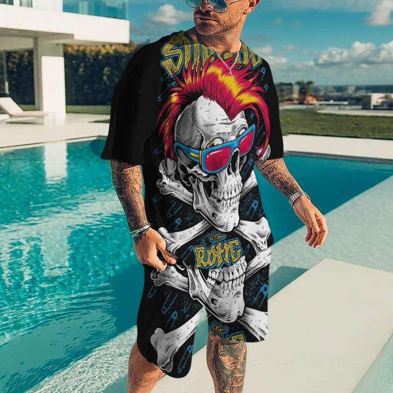 Creative Personalized Skeleton 3D Printed Men's Two-Piece Set Summer Fashionable Soft Comfortable Breathable Large Loose Casual Style Sports Wear