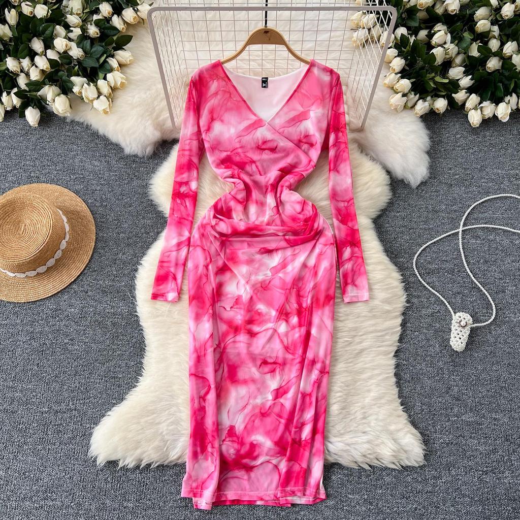 Neu Frühling Sommer Sexy Aushöhlen Mesh Langarm Kleid Frauen Elegante V-ausschnitt Floral Print Schlank Midi