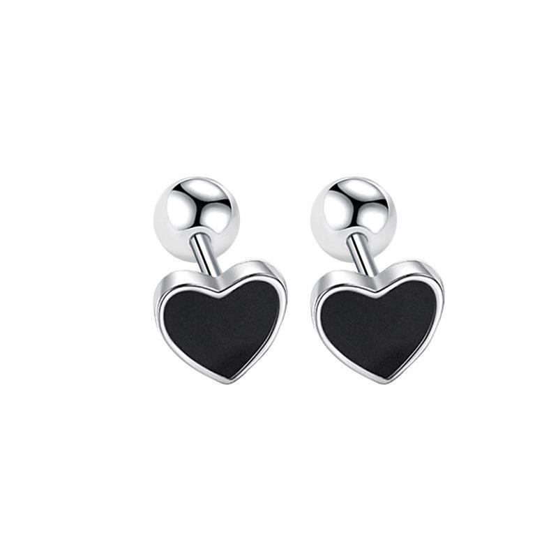 Black Heart Clover Epoxy Resin Stud Earrings for Women - Japanese Korean Style Screw Back Ear Studs Copper