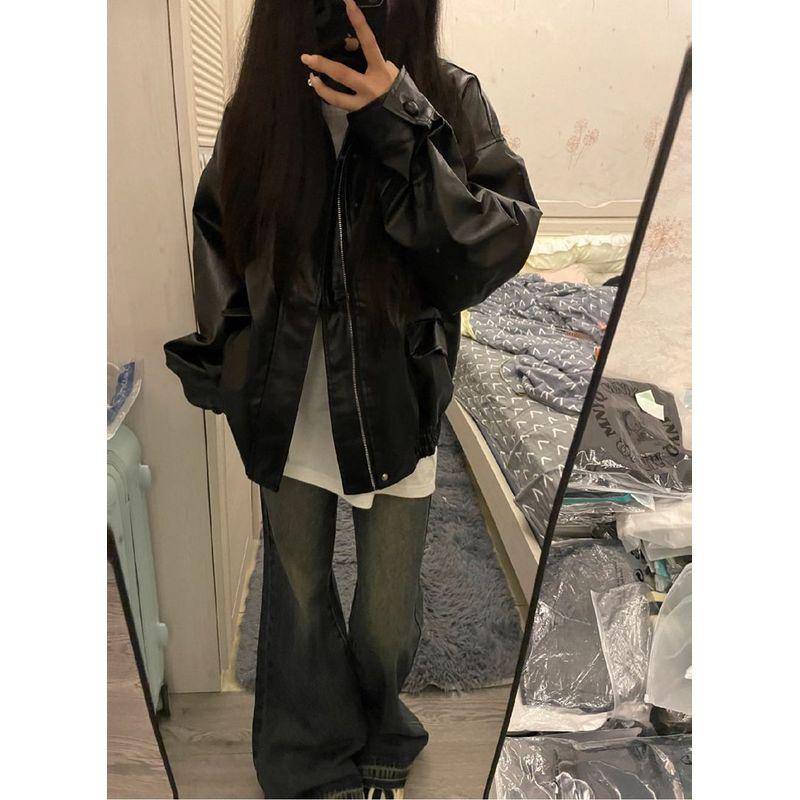 

Куртка из черной искусственной кожи крутого красавчика большого размера для женщин на осень и зиму, в американском ретро-стиле, стильная, повседневная, свободного кроя, мотоциклетная Black 2XL [Suggested 67.50 kg-77.50 kg]]