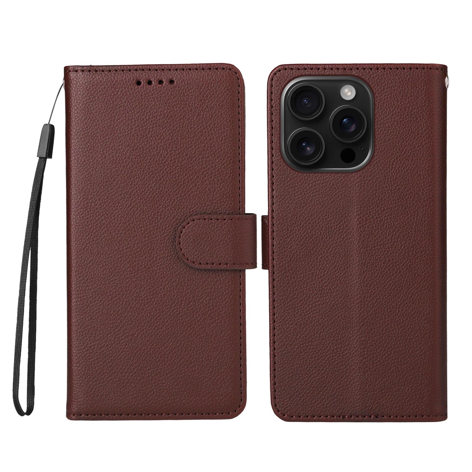 

For iPhone 16 Pro Case RFID Blocking 3 Card Slots PU Leather Phone Cover with Wrist Strap Brown
