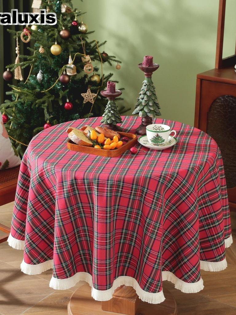 Christmas Plaid Striped Tassel Tablecloth Classic Red Green American Vintage Luxury Party Decoration