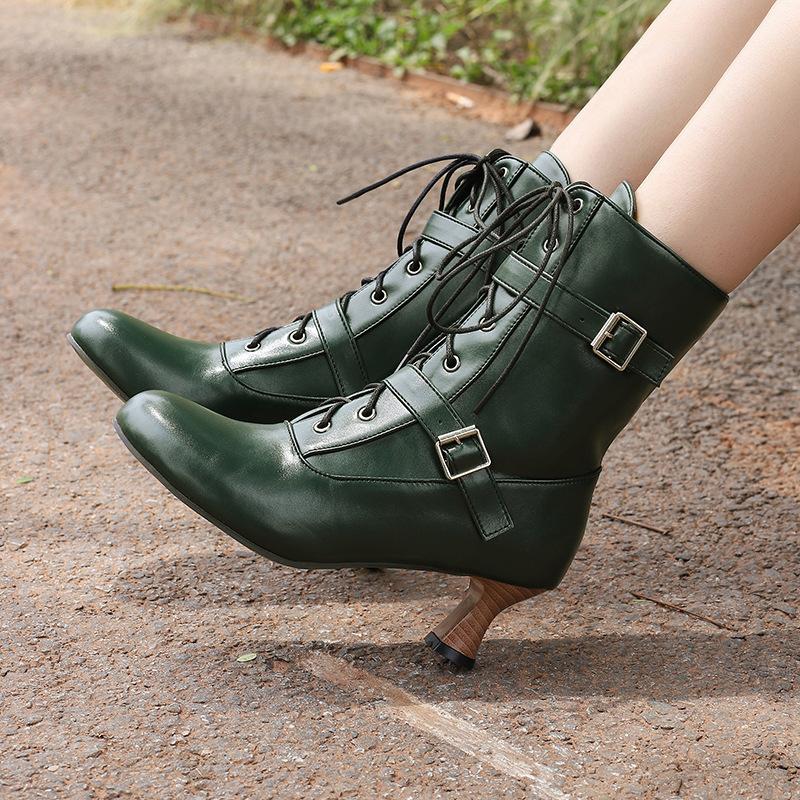 Belt Buckle Short Boots Vintage Rivet Roman Boots Coarse Medium Heel Knight Boots Brock Boots Large Size