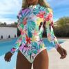 Women Long Sleeve One Piece Swimsuit Zip Front  Island Coconut Tree Print Rash Guard Surfing Bathing Suit