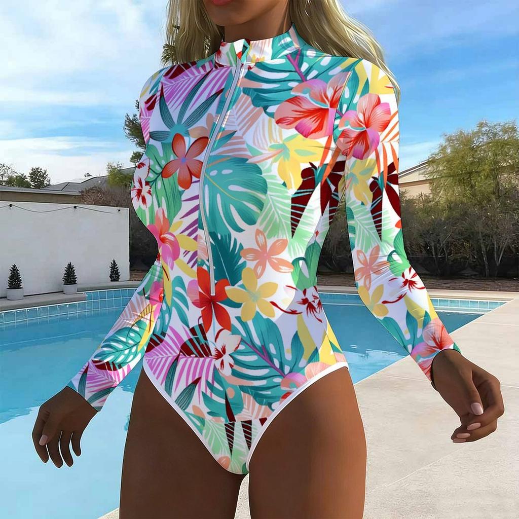 Women Long Sleeve One Piece Swimsuit Zip Front  Island Coconut Tree Print Rash Guard Surfing Bathing Suit
