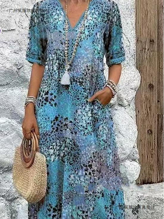 2026 European & American Fashion V-Neck Lace Trim Printed Short-Sleeve Dress