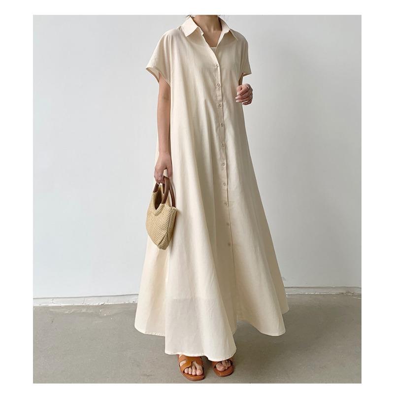 Skirt Short Sleeve Hemp Dress Women Loose Lapel Casual Shirt Dress