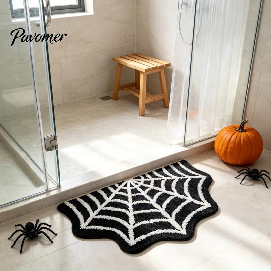 Decorative Halloween Rug Spider Web Bath Mat, Gothic Bathroom Rug, Non-slip Indoor Outdoor Porch Black Bat for Home Entrance Bedroom Decor Non