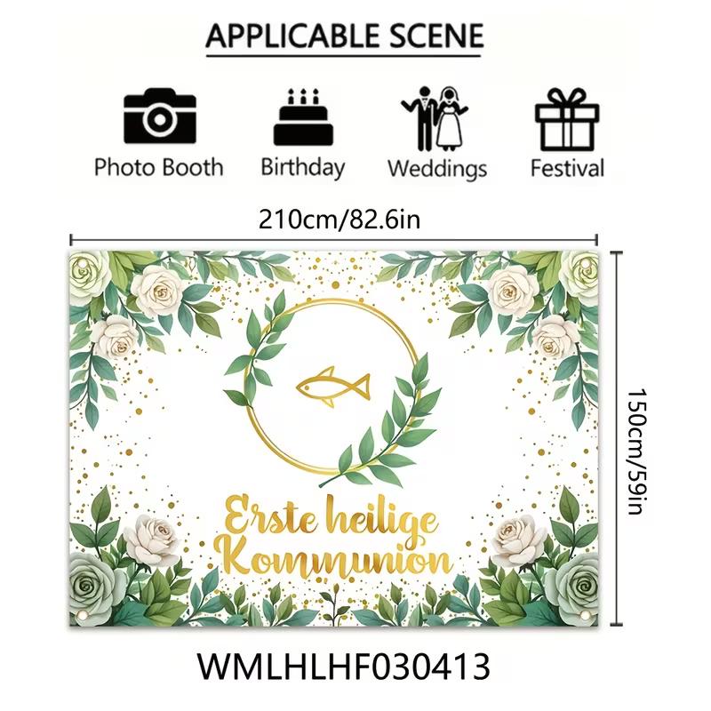 Erste heilige Kommunion Tapestry, First Holy Communion Backdrop with Gold Fish, Religious Party Decor